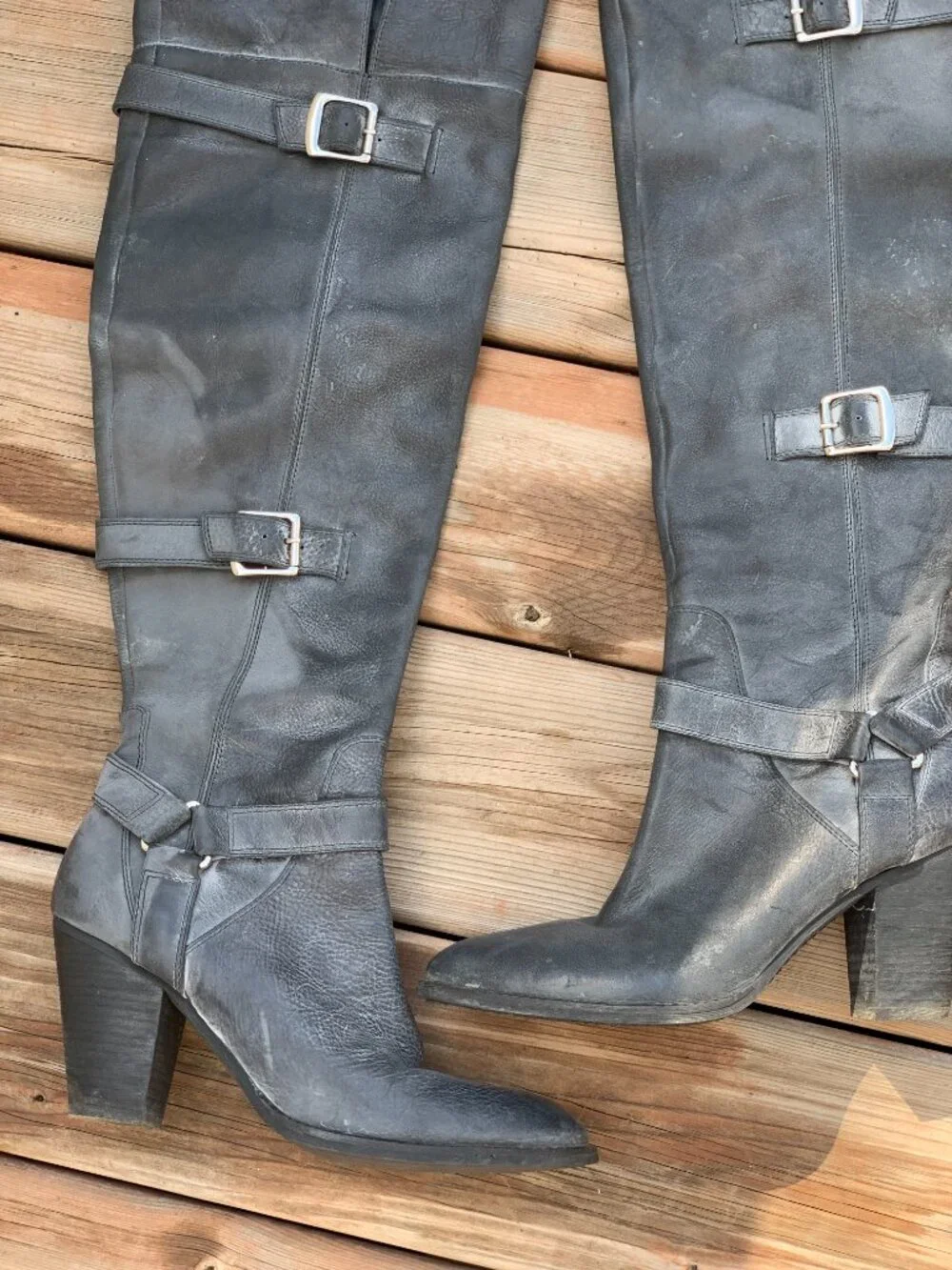 Enzo Angiolini Riding Boots 8.5 Gray Distressed Leather Over the Knee Harness